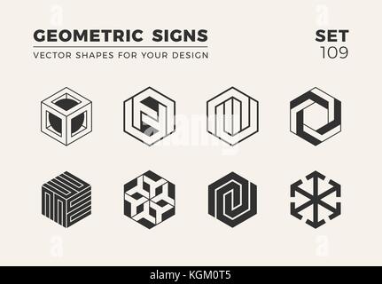 Set of eight minimalistic trendy shapes. Stylish vector logo emblems for Your design. Simple creative geometric signs collection. Stock Vector