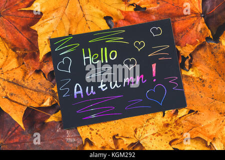 A frame of yellow and orange autumn maple leaves on gray dark concrete. Black plate with colored text. The inscription is hello autumn Stock Photo