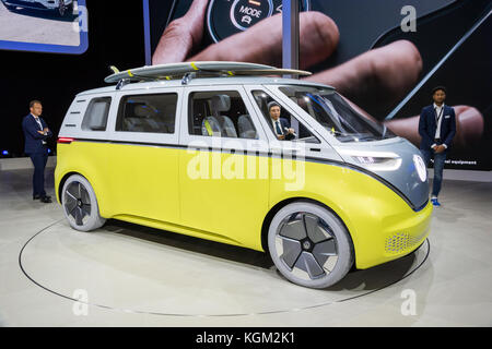 FRANKFURT, GERMANY - SEP 12, 2017: New Volkswagen I.D. Buzz electric self-driving campervan shown at the Frankfurt IAA Motor Show 2017. Stock Photo