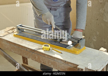 Laying Ceramic Tiles. Tiler cuts tile  manual cutter Stock Photo