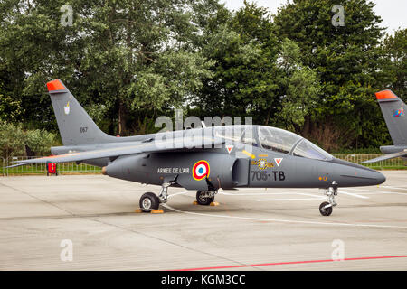 LEEUWARDEN, THE NETHERLANDS - JUN 10, 2016: French Air Force Dassault-Dornier Alpha Jet trainer plane on the tarmac of Leeuwarden airbase. Stock Photo