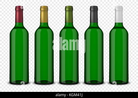 Set 5 realistic vector green bottles of wine without labels isolated on transparent background. Design template in EPS10. Stock Vector