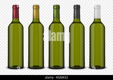 Set 5 realistic vector green bottles of wine without labels isolated on transparent background. Design template in EPS10. Stock Vector