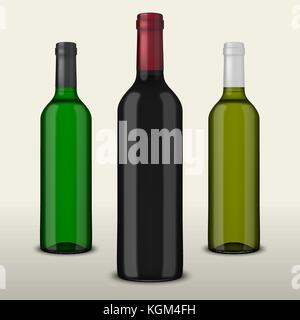 Set of three realistic vector wine bottles without labels isolated on white background. Design template in EPS10. Stock Vector