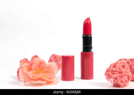 Beauty Blog. Lipstick Makeup products, on light background Stock Photo