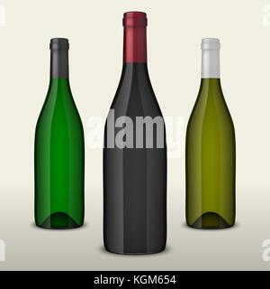 Set of three realistic vector wine bottles without labels isolated on white background. Design template, mockup. EPS10 illustration. Stock Vector