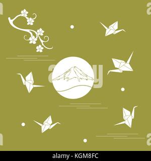 Branch of cherry blossoms, mount Fuji and origami paper cranes. Set of Japan traditional design elements. Stock Vector