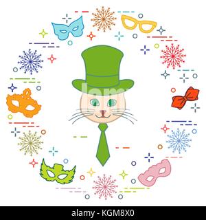 Muzzle of a cat in a cylinder hat and carnival masks, snowflakes, glasses, tie. Carnival festive concept. Costume for a party. Stock Vector