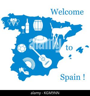 Vector illustration with various symbols of Spain. Travel and leisure. Design for banner, poster or print. Stock Vector