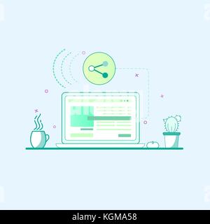 Vector illustration in flat outline style. Graphic design concept of Desctop Stock Vector