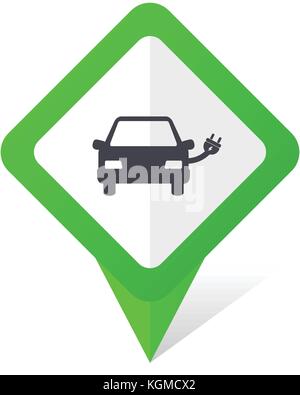 Electric car green square pointer web and mobile phone vector icon in eps 10 on white background with shadow Stock Vector