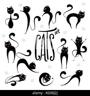 Cute stylized black cats set in various positions. Lettering inscription Cats. Stock Vector