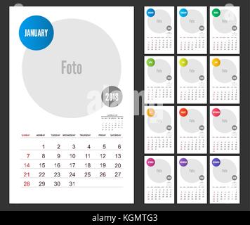 2018 Calendar planner design on white background. Set of 12 Mont Stock Vector