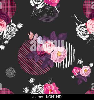 Elegant seamless pattern with half-colored bouquets of wild rose flowers and circles of different textures on black background. Vector illustration in vintage style for fabric print, wrapping paper. Stock Vector