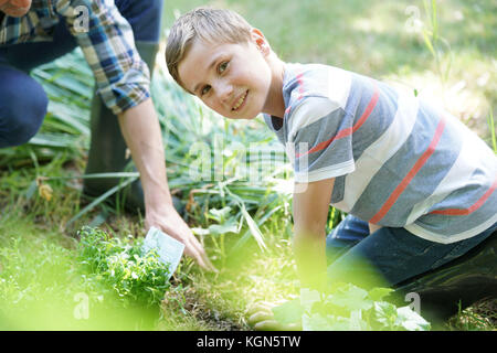Father teaching son how to plant in vegetable garden Stock Photo