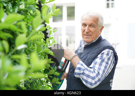 Senior man using hedge trimmer Stock Photo