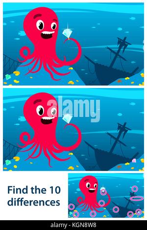 Find differences, education game for children. Under water scene with octopus finding treasure. Stock Vector