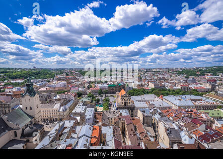 Aerial view from the tower of Town Hall on the Old Town of Lviv city, largest city in western Ukraine with Latin Cathedral and former Jesuit Church Stock Photo