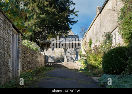 All Saints church lychgate in autumn. Bisley, Cotswolds, Gloucestershire, England Stock Photo