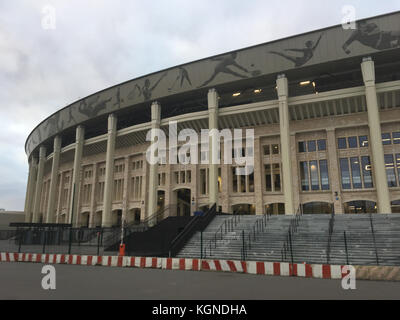A view of the Luzhniki Stadium in Moscow, Russia, 28 August 2017. The Luzhniki is the most important stadium of the soccer World Cup 2018 in Russia. Since 2013 it has been renovated extensively. This Saturday (11 November 2017) it is being reopened with a friendly match between Russia and Argentina. The FIFA World Cup takes place from 14 June - 15 July 2018 in Russia. Opening and final match will take place in Moscow's Luzhniki Stadium. Photo: Thomas Körbel/dpa Stock Photo