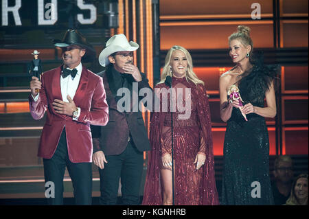 Nashville, USA. 8th Nov, 2017. Musicians BRAD PAISLEY and CARRIE UNDERWOOD are joined with TIM MCGRAW and FAITH HILL while hosting the 51st Annual CMA Awards that took place at the Bridgestone Arena located in downtown Nashville. Copyright 2017 Jason Moore. Credit: Jason Moore/ZUMA Wire/Alamy Live News Stock Photo