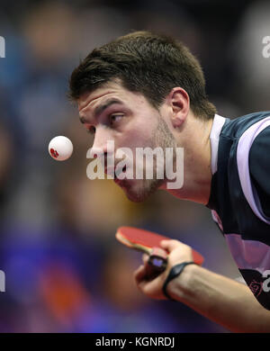 Magdeburg, Germany. 10th Nov, 2017. Patrick Franziska from Germany in action during the Men's, single, 2. round of the German Open Table Tennis match between Fan Zhendong (China) and Patrick Franziska (Germany) in Magdeburg, Germany, 10 November 2017. Credit: Ronny Hartmann/dpa-Zentralbild/dpa/Alamy Live News Stock Photo