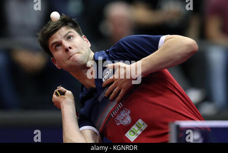 Magdeburg, Germany. 10th Nov, 2017. Dimitrij Ovtcharov from Germany in action during the Men's, single, 2. round of the German Open Table Tennis match between Bence Majoros (Hungary) and Dimitrij Ovtcharov (Germany) in Magdeburg, Germany, 10 November 2017. Credit: Ronny Hartmann/dpa-Zentralbild/dpa/Alamy Live News Stock Photo