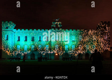 Syon Park, London, UK. 10th Nov, 2017. A light show is projected onto Syon House, the Duke of Northumberland’s London home. A trail leads visitors through the illuminated Syon Park with beautifully lit trees, the lake, Syon House and the Orangerie with its spectacular laser show Credit: Imageplotter News and Sports/Alamy Live News Stock Photo