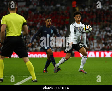 London, UK. 10th Nov, 2017. Germany's Leroy Sané in action against England's Ruben Loftus-Cheek during the international soccer match between England and Germany at Wembley stadium in London, UK, 10 November 2017. Credit: dpa picture alliance/Alamy Live News Stock Photo