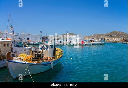 Fishing boats at the fishing harbour of Naoussa, Paros, Cyclades, Greece, Mediterranean Sea, Europe Stock Photo