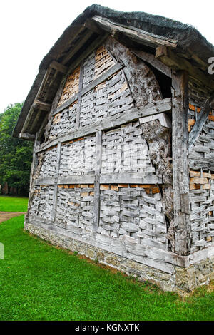 A 16th century cruck construction Threshing Barn at the Avoncroft Museum of Buildings, Stoke Heath, Bromsgrove, Worcestershire, England, UK Stock Photo