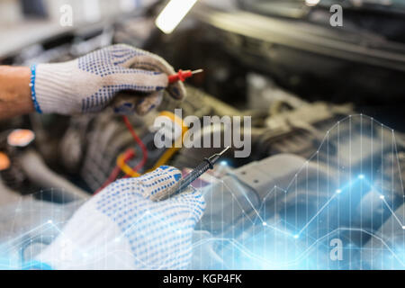 car service, repair, maintenance and people concept - auto mechanic man with digital multimeter testing battery at workshop Stock Photo