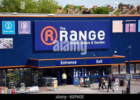 The Range home leisure and garden store Southend on Sea, Essex. Entrance and exit. Shoppers Stock Photo