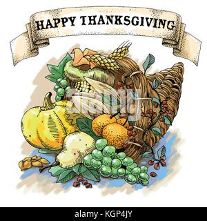 Illustration of a Thanksgiving cornucopia full of harvest fruits and vegetables Stock Vector