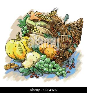 Illustration of a Thanksgiving cornucopia full of harvest fruits and vegetables Stock Vector