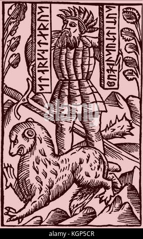 RUNES - A 16th century Scandinavian engraving showing  runestaffs aka rune staffs used for teaching children and adults how to read and write or for captions to woodcuts Stock Photo