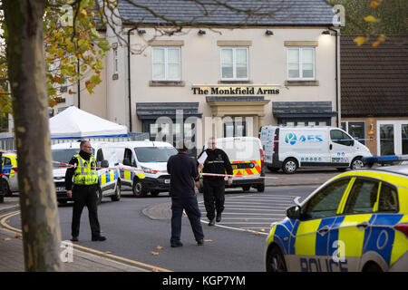 Police at the scene of a double stabbing which left one man dead in the village of Cambourne,Cambs,on Saturday morning Oct 28th. Stock Photo