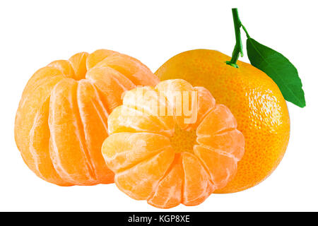 Isolated fruits. Three whole mandarin with leaf isolated on white background with clipping path as a package design element. Stock Photo