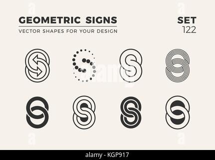 Set of eight minimalistic trendy shapes. Stylish vector logo emblems for Your design. Simple creative geometric signs collection. Stock Vector