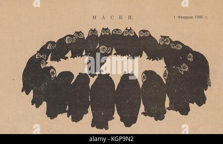 Illustration from the Russian satirical journal Maski (Masks) depicting a circle of owls surrounding another owl in the middle of the circle, with text reading 'Masks', February, 1906. () Stock Photo