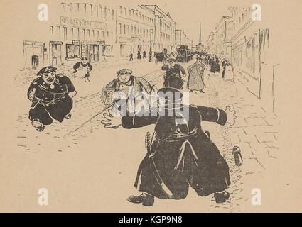 Cartoon from the Russian satirical journal Signal (Signal) depicting a group of policemen trying to stop a man carrying Signal journals, 1905. () Stock Photo