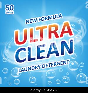 Ultra clean Soap design product. Template for laundry detergent with bubbles on blue. Package design for Liquid Detergents or Washing Powder. Vector illustration Stock Vector