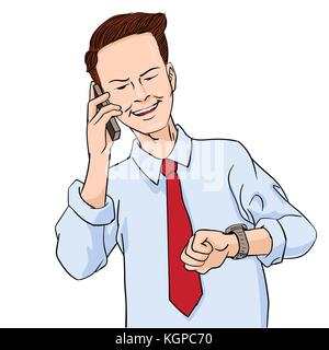 Isolated businessmen calling, watch time in hand wear red necktie isolated on white background, for business communication concept - Vector Illustrati Stock Vector