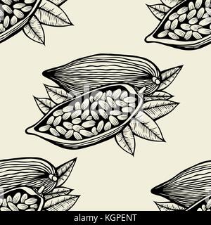 Vector seamless pattern of cocoa beans and leaves. Hand drawn engraved art. Healthy beauty hair nutrition. design your fashion care products, branding Stock Vector