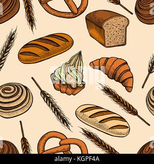 Vector set seamless pattern with different kind of bread on yellow background. Stock Vector