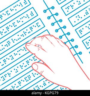 illustration of reading a book of blind people in the form of a hand and text consisting of points. Icon in the linear style Stock Vector
