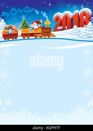 New Year 2018 and Santa Claus in a toy train with gifts and Christmas tree. Stock Vector