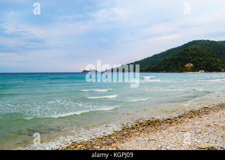 Cloudy Golden Beach landscape in Thasos, Greece Stock Photo