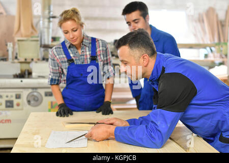 Students in woodwork training course with professional Stock Photo