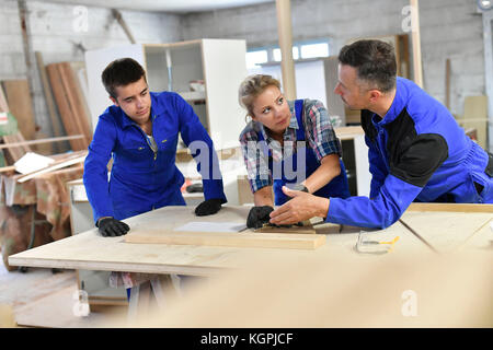 Students in woodwork training course with professional Stock Photo